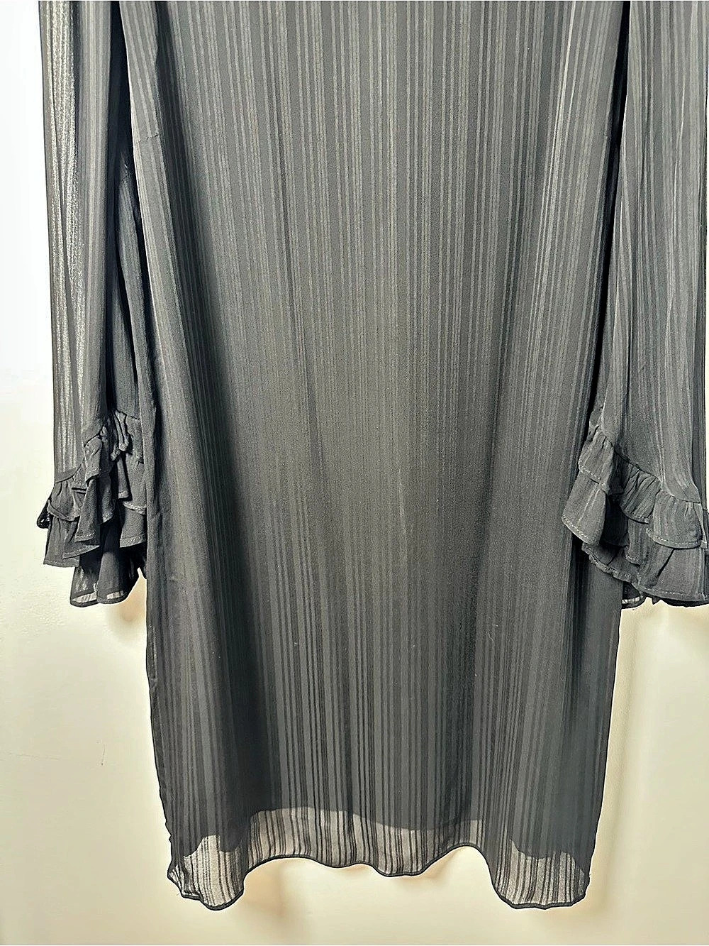MANGO Womens XXL Black Sheer Striped Shift Dress Ruffle Bell Sleeve Party - Picture 3 of 9